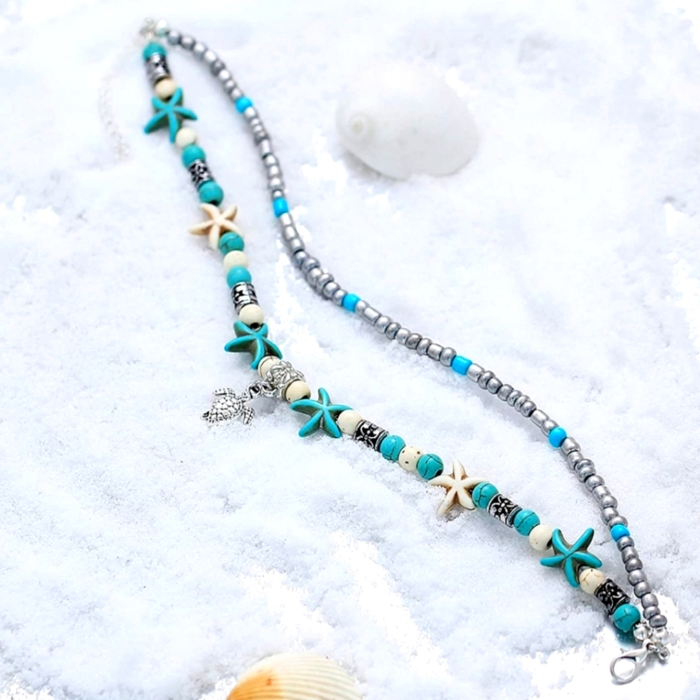 Bohemian Double Pattern Ankle Bracelet Chain w/Snail Sea Star & 🐢 Pendant
